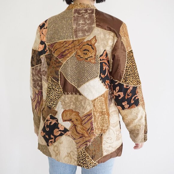 VTG Indigo Moon Patchwork Embroidered Jacket Boho Eclectic Grandpa Cabincore M - Picture 2 of 9